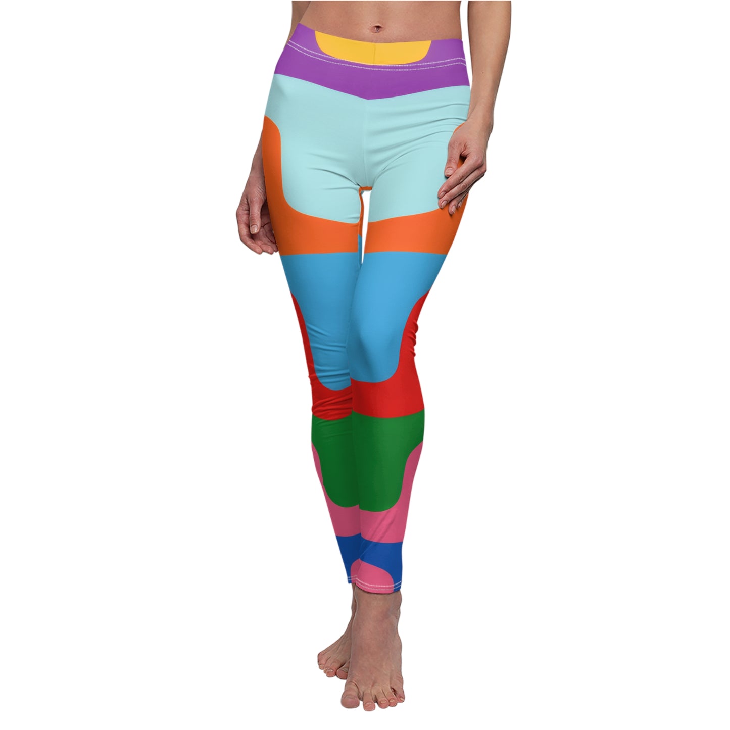 Colorblock Retro Wave Leggings — Bold All-Over-Print Women's Fitness & Casual Tights