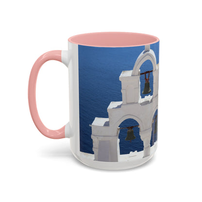 Santorini Bell Towers coffee mug | Greek island scene, blue sea accent mug
