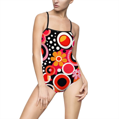 Retro Floral Circle One-Piece Swimsuit — Women's Vintage 60s-Inspired Swimwear