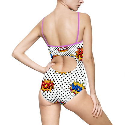 Comic Pop Art One‑Piece Swimsuit — "WOW! POW! POP!" Retro Dotted Print