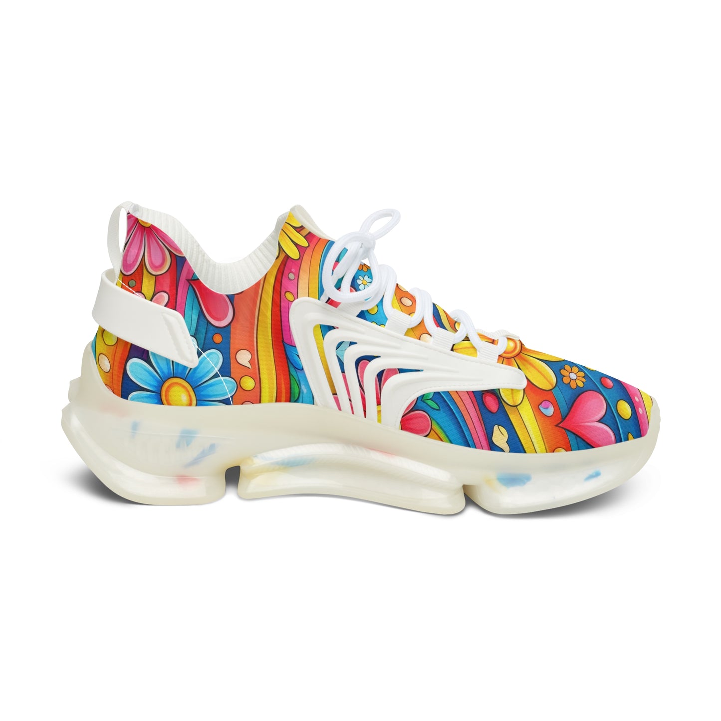 Mesh Sneakers — Colorful Retro Floral Heart Pattern