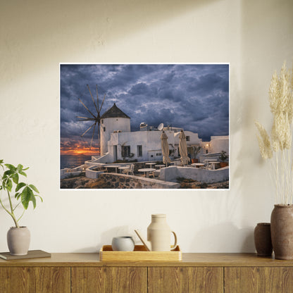 Oia Santorini Windmill Sunset Poster — Mediterranean Landscape Photo Art Print