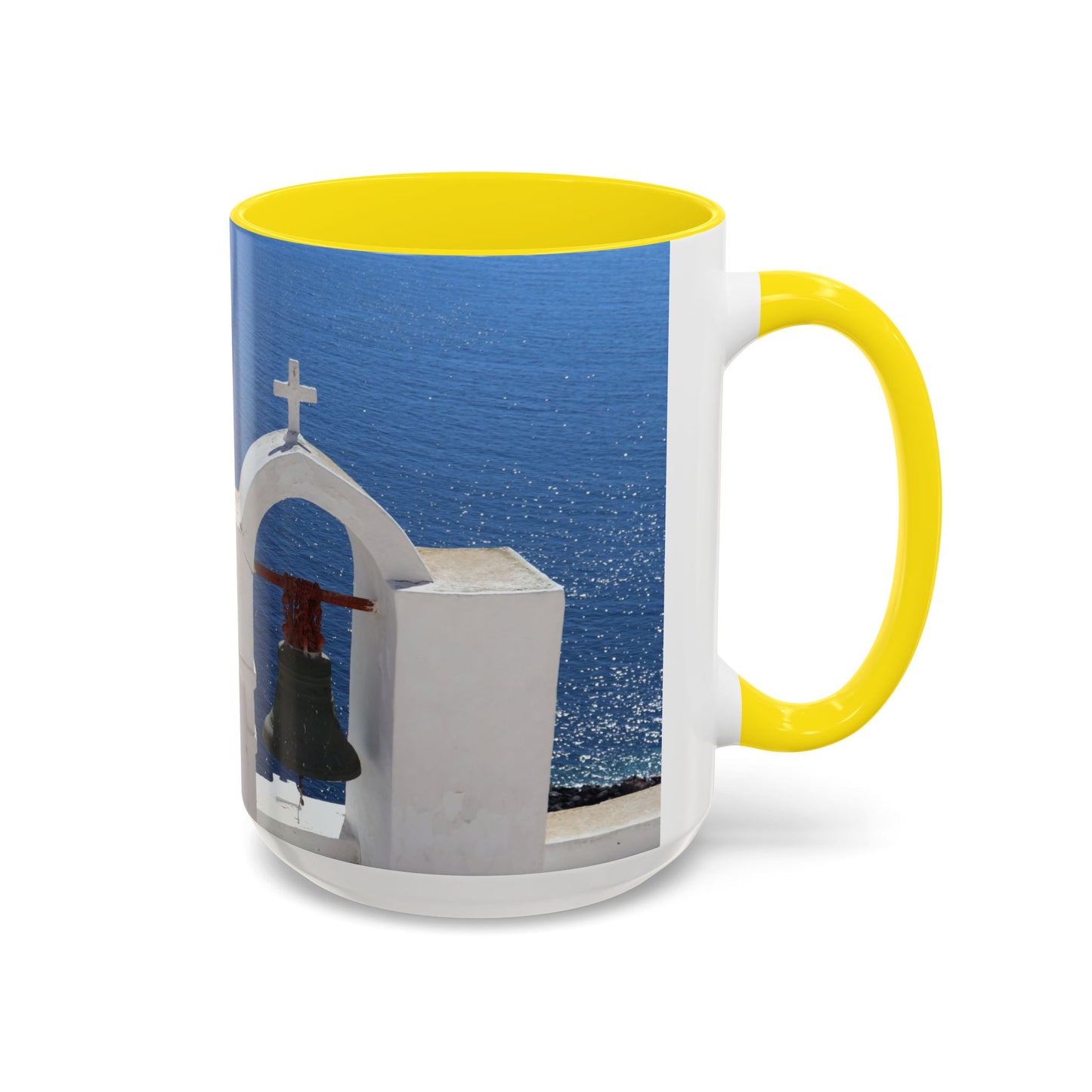 Santorini Bell Towers coffee mug | Greek island scene, blue sea accent mug