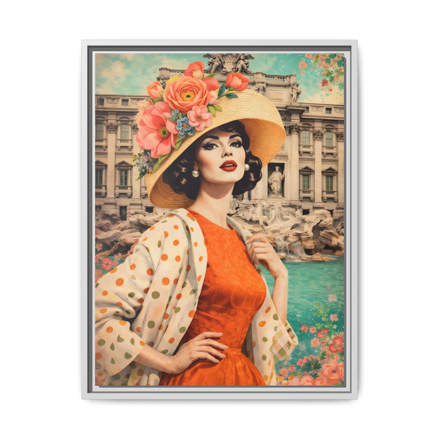 Elegant glamorous vintage woman in Rome front of Trevi Fountain, retro Italian travel fashion illustration,Framed Matte Canvas Art
