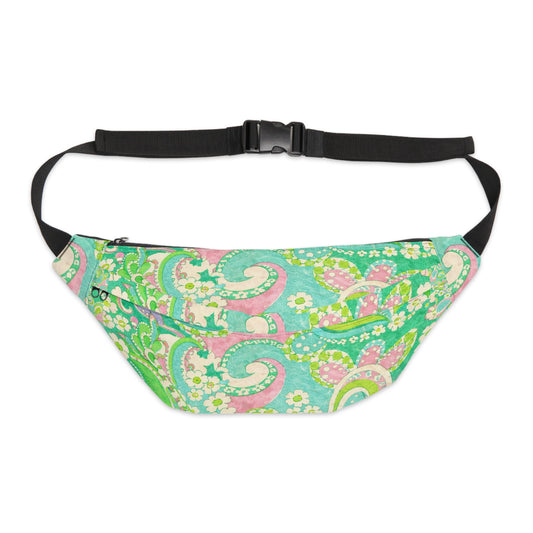 Green Paisley Large Fanny Pack — Retro Crossbody Waist Bag