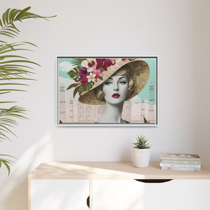 Elegant vintage pop art woman in front of Taj Mahal in India Canvas Wall Art