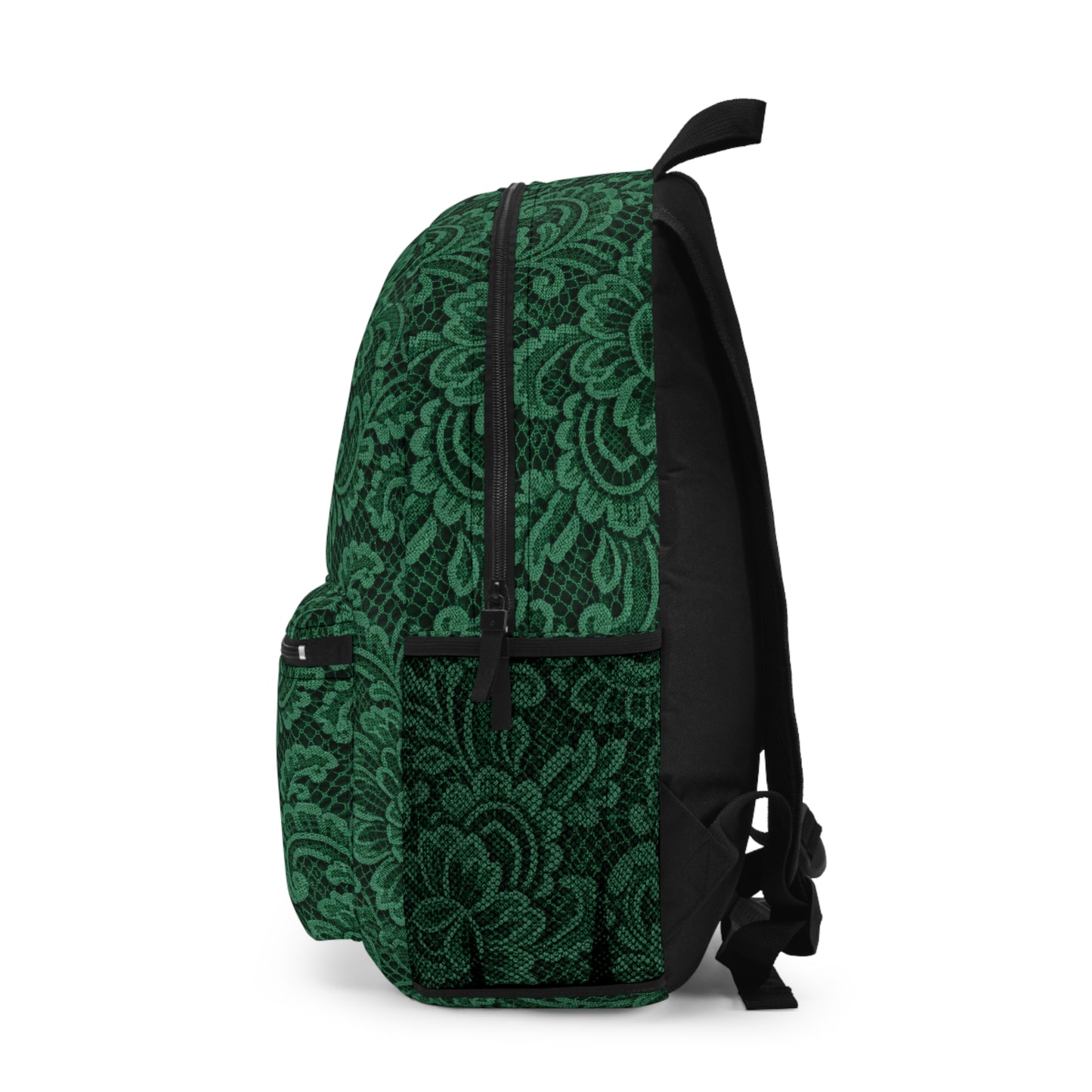 Green Floral Lace Pattern Backpack — Elegant Vintage-Style Daypack