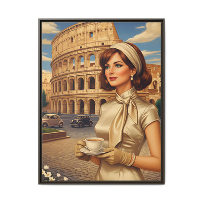 Elegant vintage woman drinking coffee in front of Colosseum in Rome Canvas Print