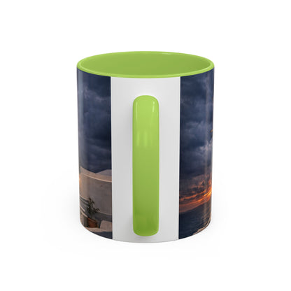 Santorini Windmill Sunset Accent Coffee Mug | Island Nightscape Greek Travel Gift | Unique Ceramic Mug