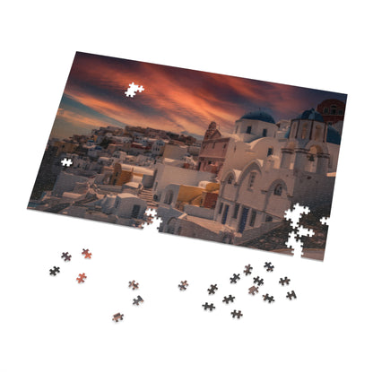 Santorini Sunset Jigsaw Puzzle, Oia Greece Blue Dome Game, Dreamy Mediterranean Sky Art, Greek Island Travel Gift, Aesthetic Scenic Puzzle