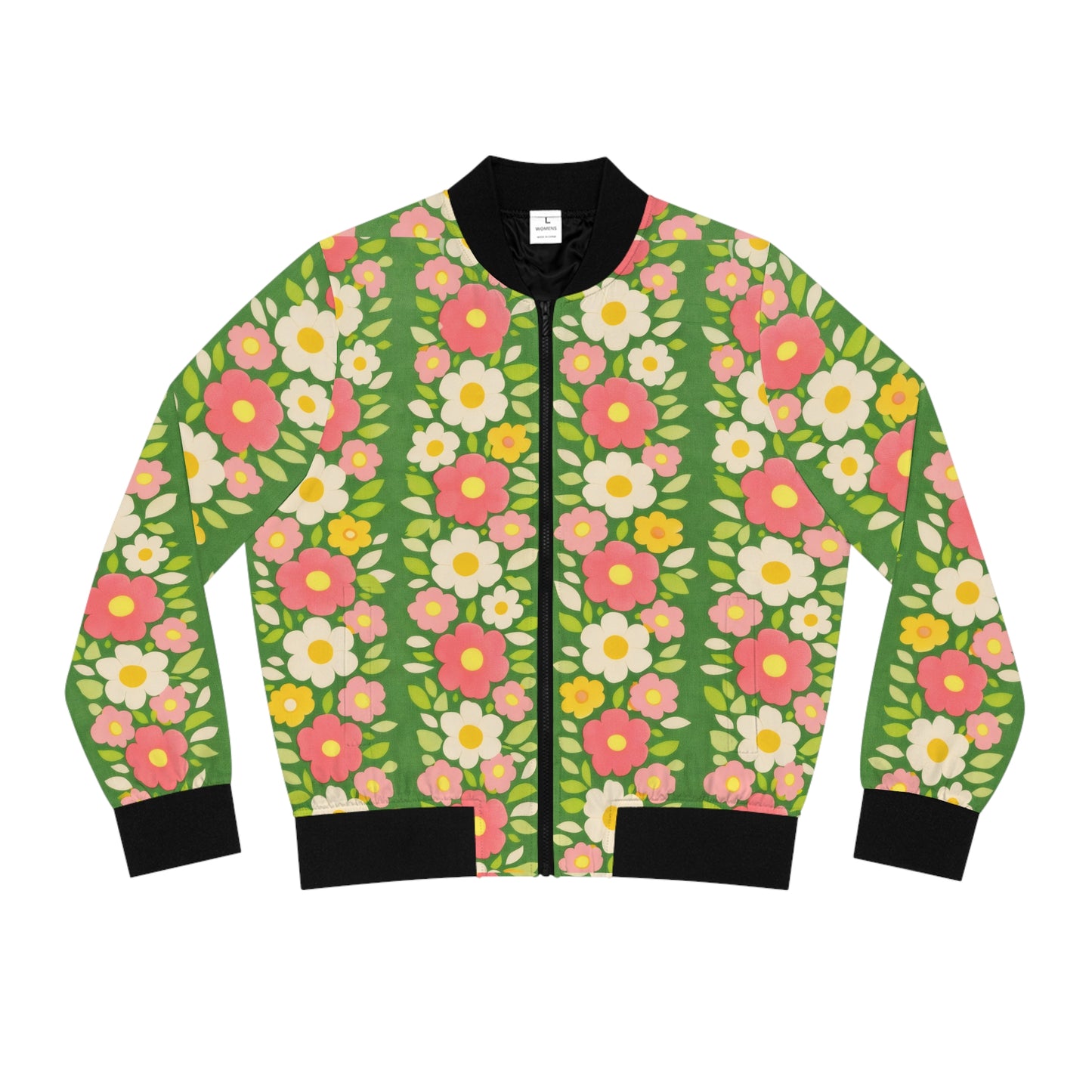 Floral Stripe Bomber Jacket - Retro Pink & Green All-Over Print