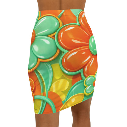 Retro Floral Pencil Skirt — Bright 60s Daisy Print Mid-Waist Skirt