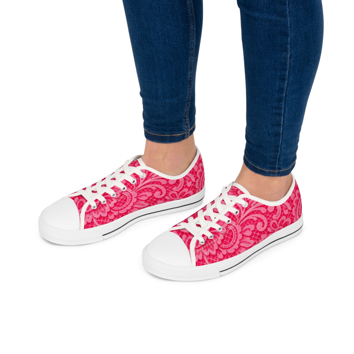 Pink Floral Lace Pattern Women's Low Top Sneakers — Casual Canvas Shoes for Spring & Everyday Wear