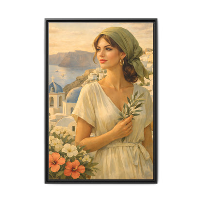 Oia Santorini Greek Woman Portrait — Romantic Vintage Framed Matte Canvas Art