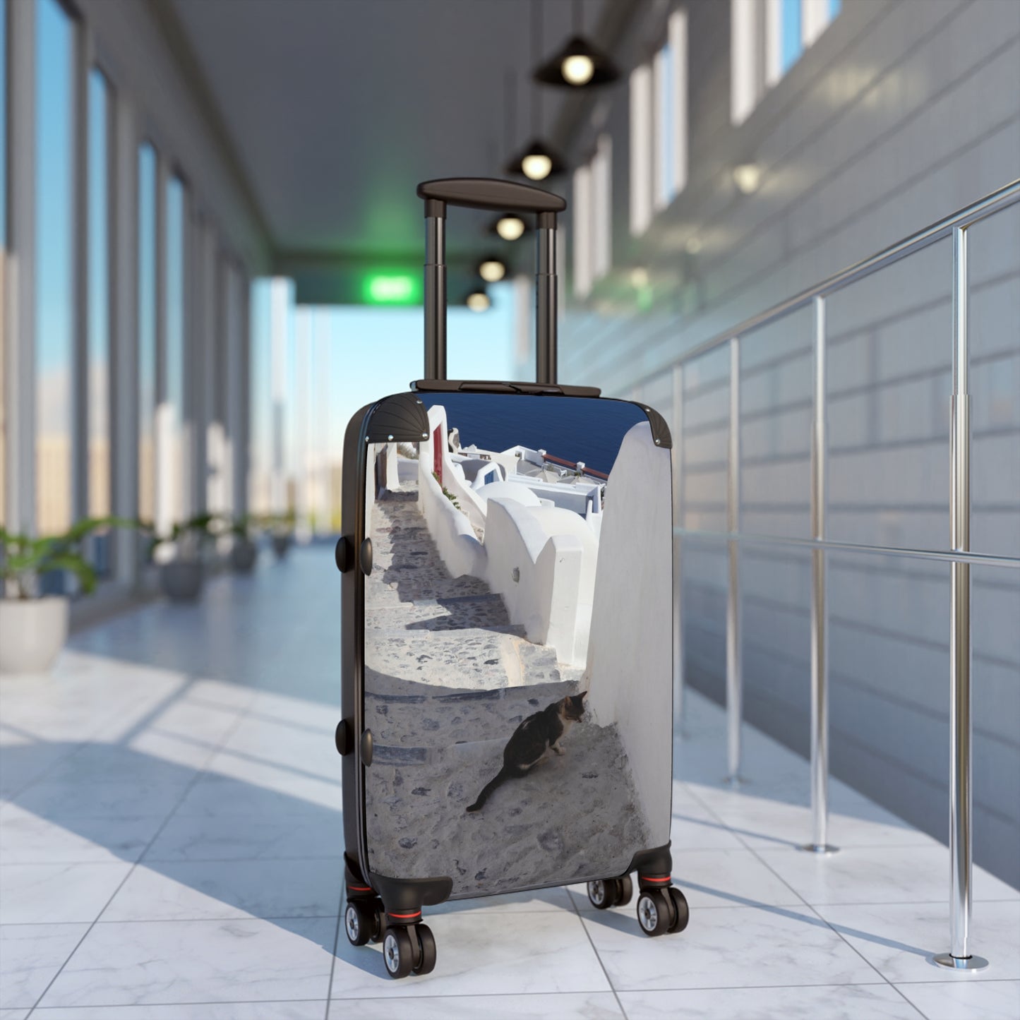 Luxury Santorini Oia Suitcase — Ghost City Edition — Lone Cat on Empty Streets Photography