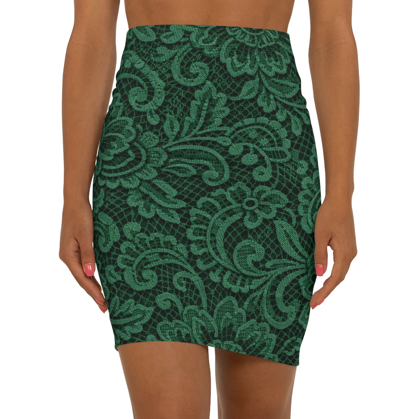 Green Lace Floral Pencil Skirt — Mid‑Waist Bodycon