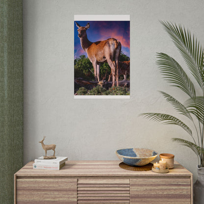 Majestic Deer Sunset Poster, Wild Doe and Fawn Nature Art, Purple Sky Wildlife Photography, Aesthetic Forest Wall Decor
