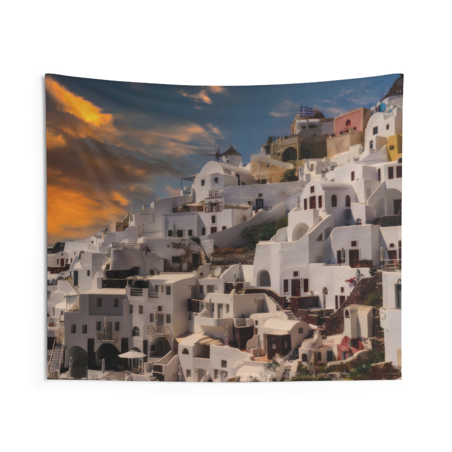 Santorini Village Sunset Indoor Wall Tapestry | Greek Island Landscape