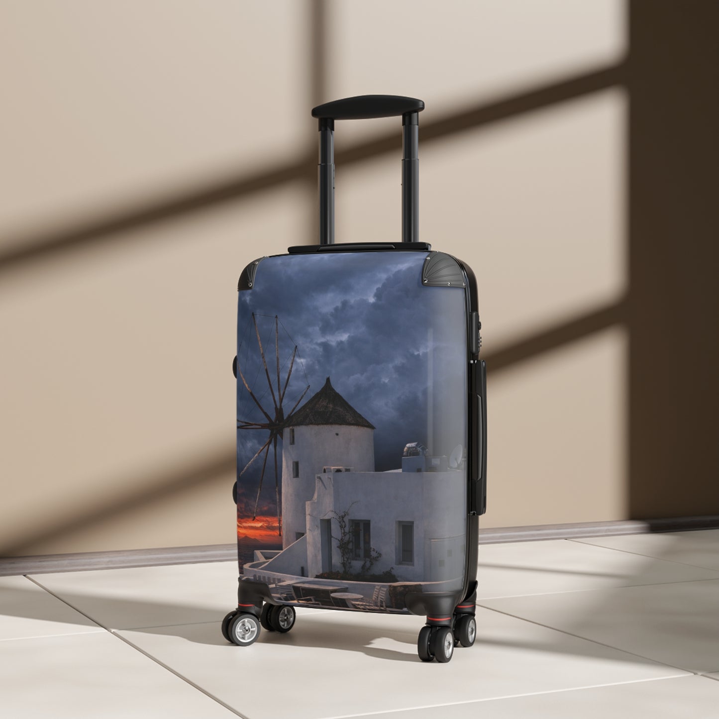 Oia Santorini Windmill Sunset Suitcase — Moody Greek Island Hard Shell Travel Luggage