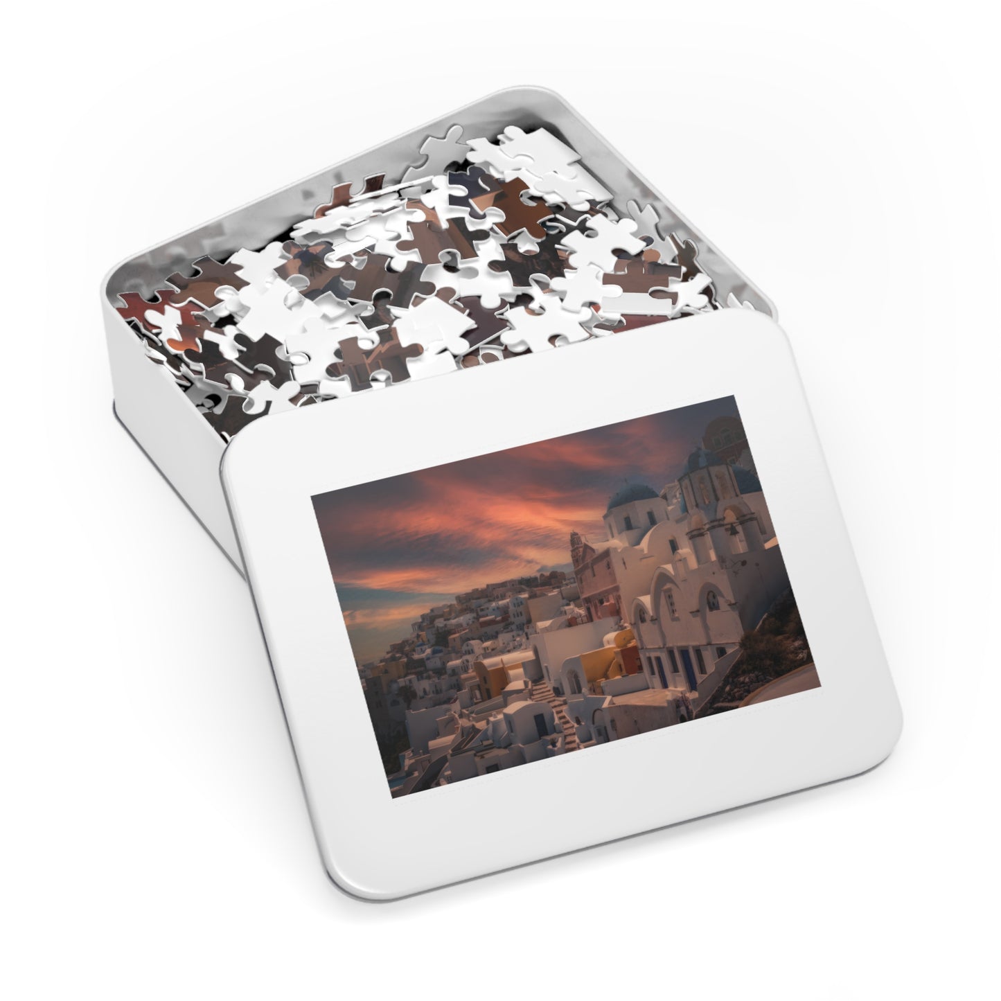 Santorini Sunset Jigsaw Puzzle, Oia Greece Blue Dome Game, Dreamy Mediterranean Sky Art, Greek Island Travel Gift, Aesthetic Scenic Puzzle