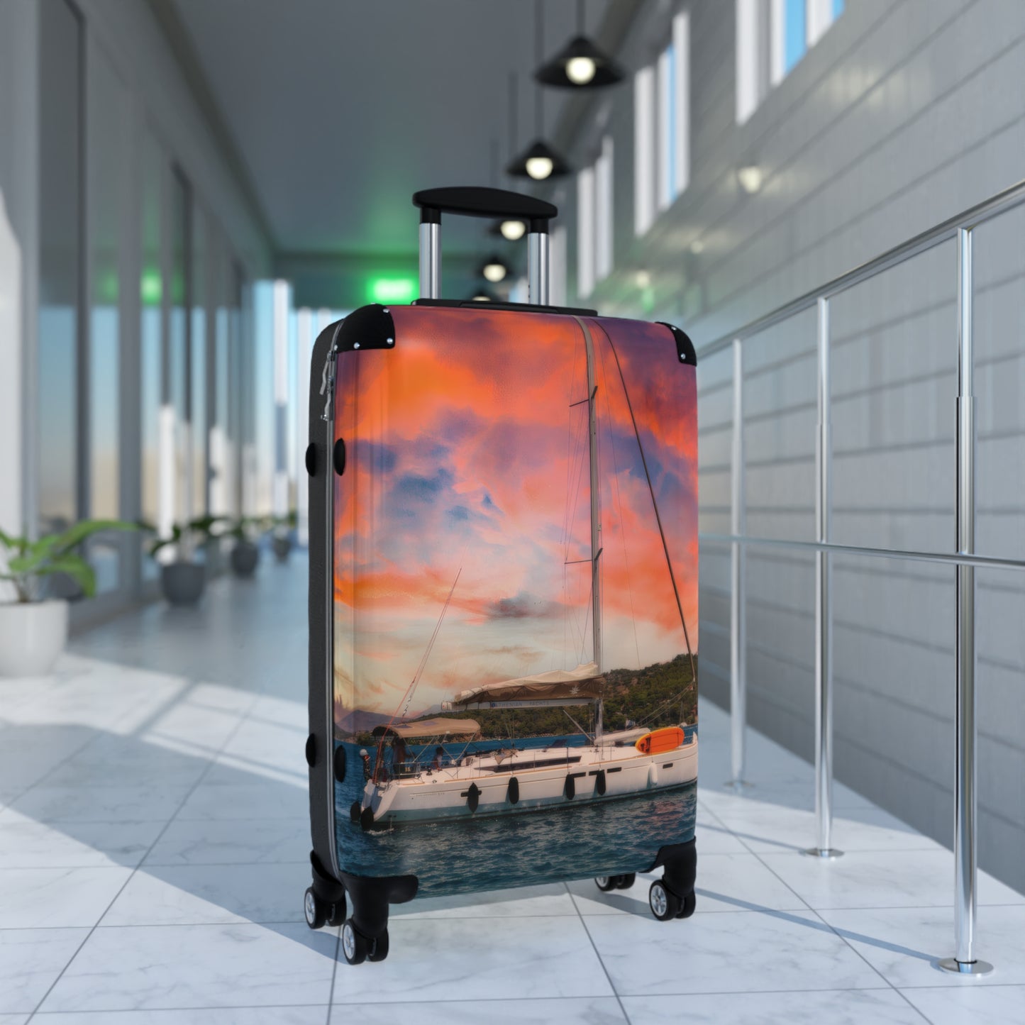 Sailboat Sunset Suitcase — Mediterranean Nautical Travel Luggage