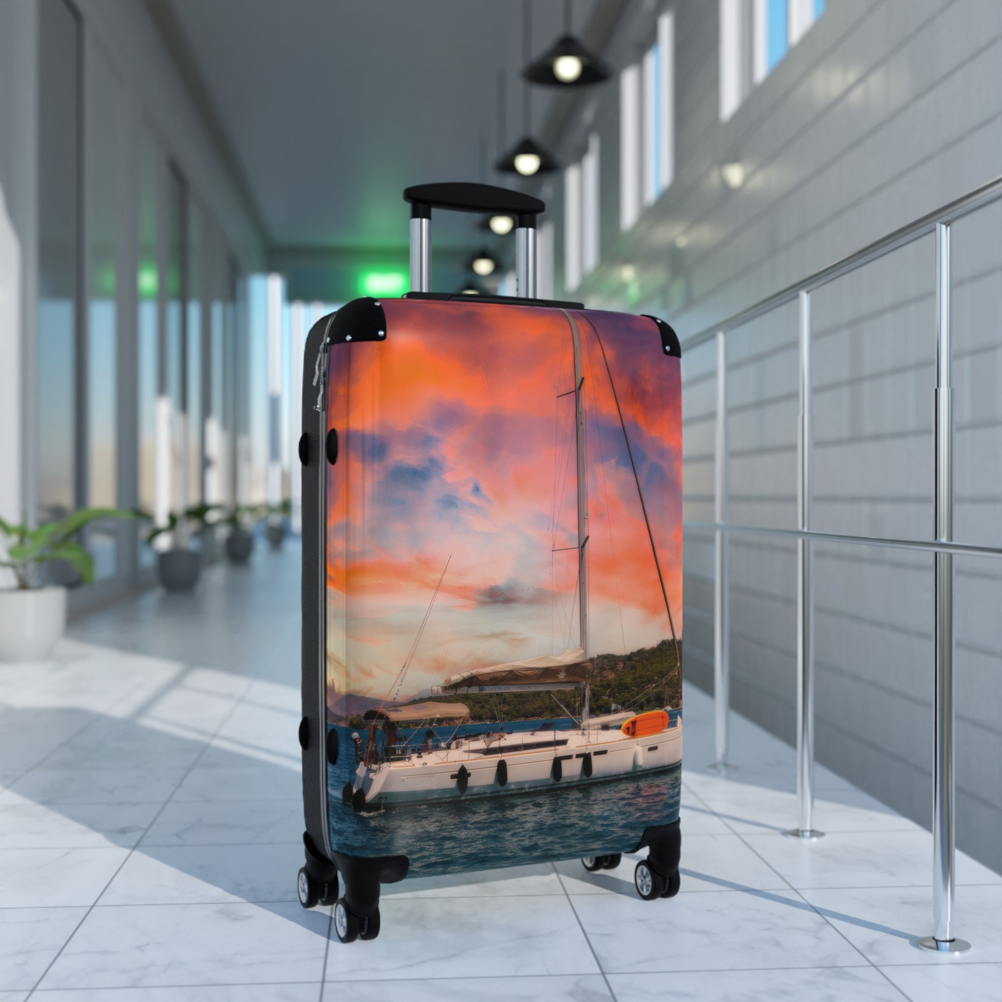 Luxury Yacht Sunset Suitcase, Mediterranean Sailing Travel Luggage, Vibrant Orange Sky Vacation Bag, Nautical Artist Design Cabin Suitcase