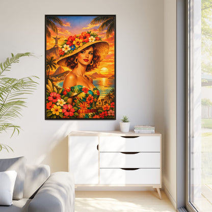 Elegant glamorous vintage woman in Rio de Janeiro front of Christ the Redeemer statue, retro Brazilian travel fashion illustration Canvas — Framed