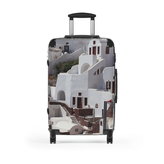 Luxury Santorini Oia Suitcase - Ghost City Edition - White Cascade Architecture Photography - Exclusive Travel Luggage