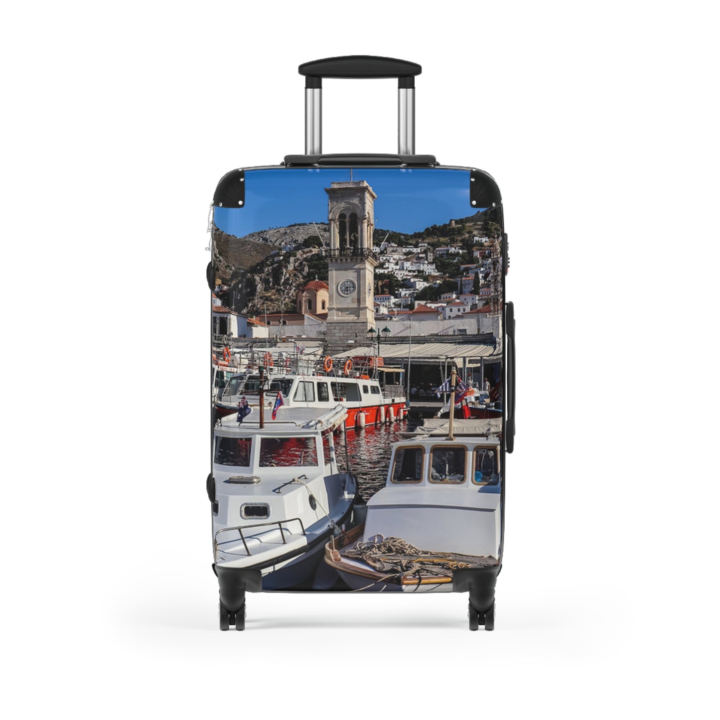 Hydra Greece  Photo Suitcase | Travel Luggage with Coastal Marina Print
