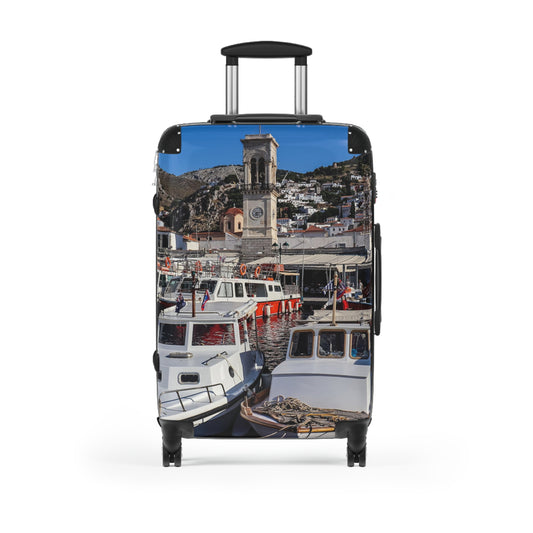 Hydra Greece  Photo Suitcase | Travel Luggage with Coastal Marina Print