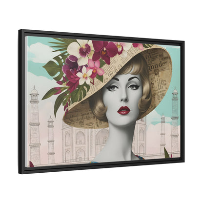 Elegant vintage pop art woman in front of Taj Mahal in India Canvas Wall Art