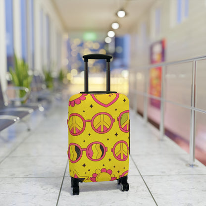 Retro Sunshine Luggage Cover – Yellow Peace Sign, Hearts & Flowers Travel Protector