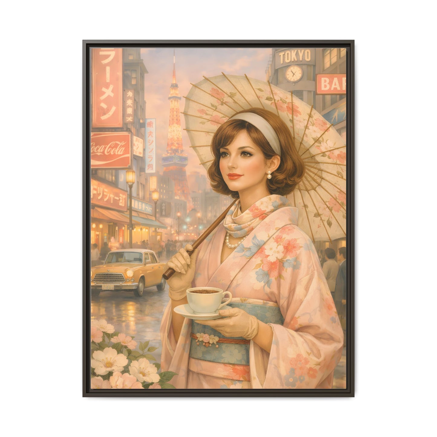 Elegant vintage woman in kimono holding parasol in Tokyo — Framed Matte Canvas Wall Art