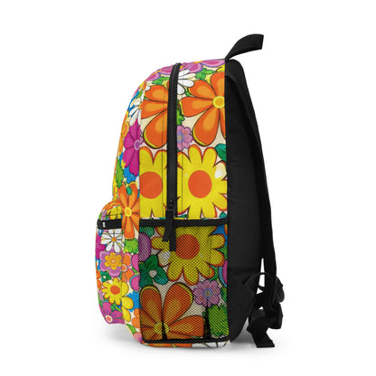 Floral Retro Daisy Backpack — Colorful 70s Flower Pattern School & Travel Bag