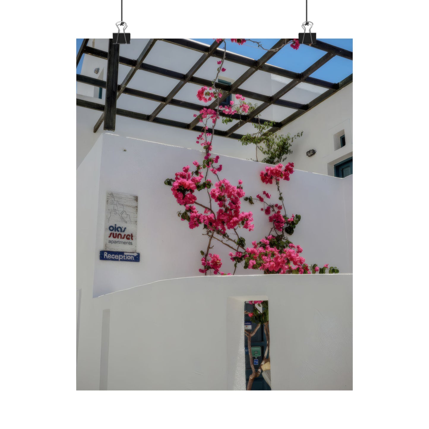 Santorini Bougainvillea Poster, Oia Greece White Architecture Art, Mediterranean Floral Wall Decor, Greek Island Photography Print Art Decor