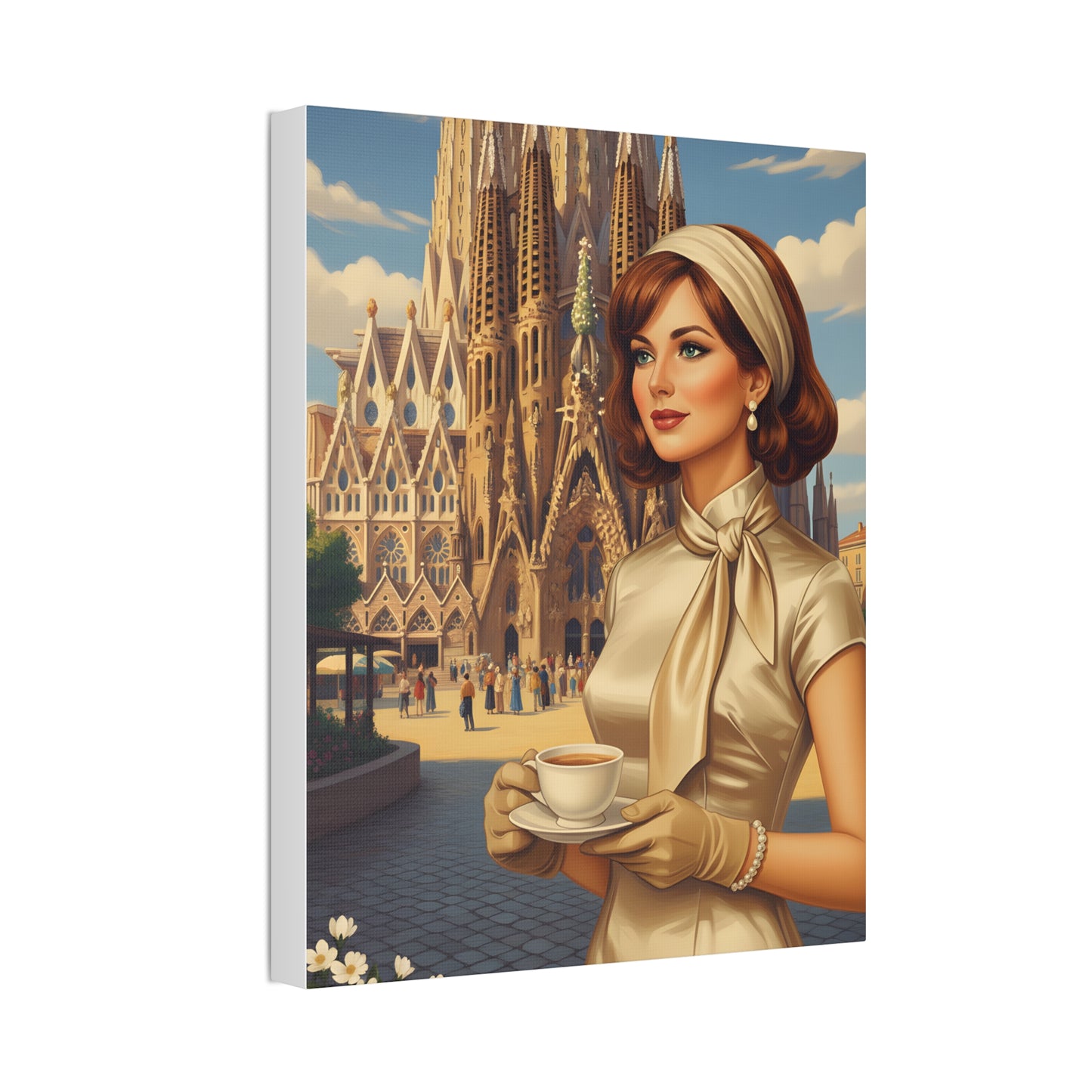 Elegant vintage woman drinking coffee in front of Sagrada Familia in Barcelona, retro fashion illustration Canvas Print - Stretched 1.5"