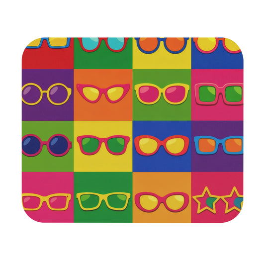 Retro Pop Art Sunglasses Mouse Pad — Colorful Grid Desk Mat