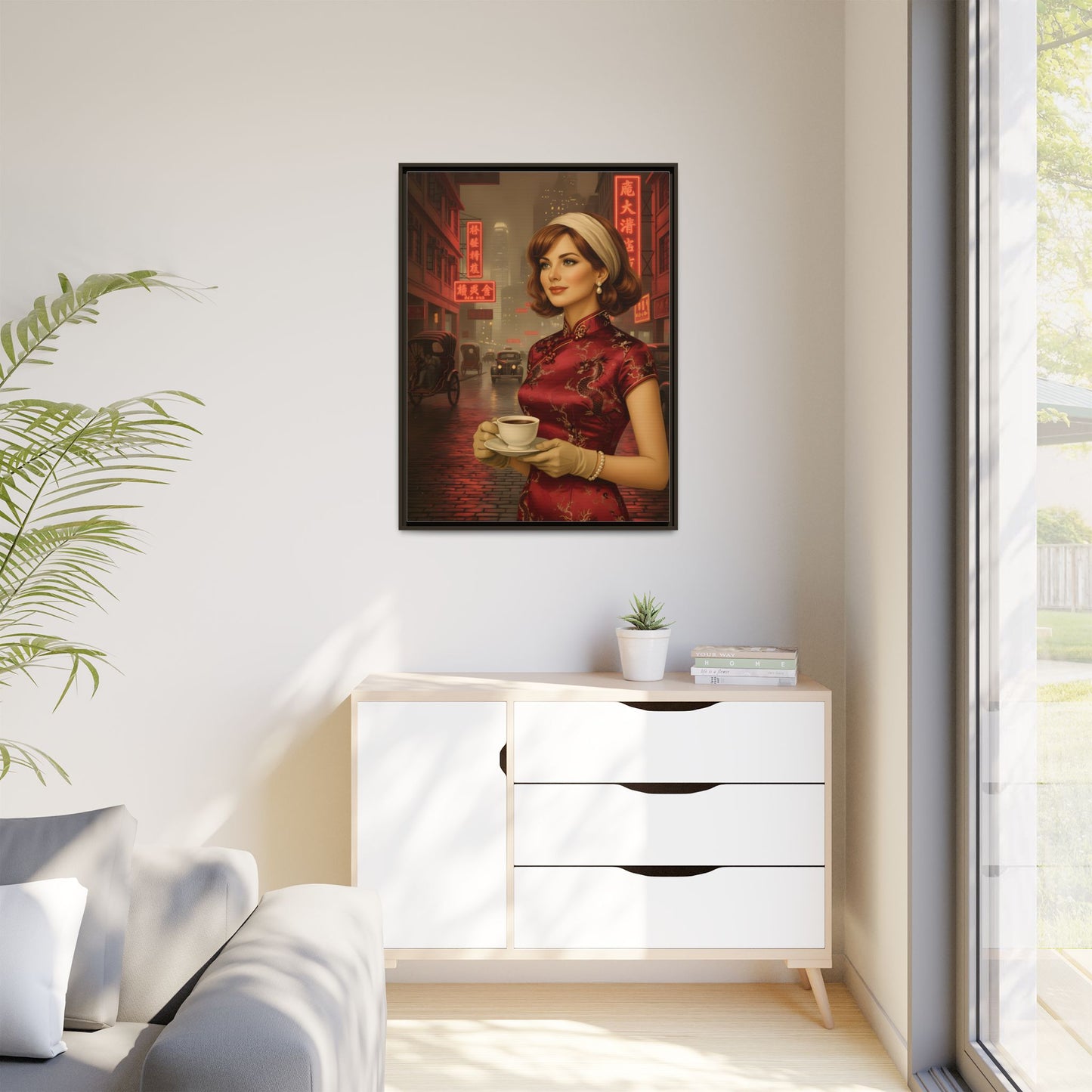 Elegant vintage woman drinking coffee on neon street in Hong Kong Canvas — Framed Matte Wall Art