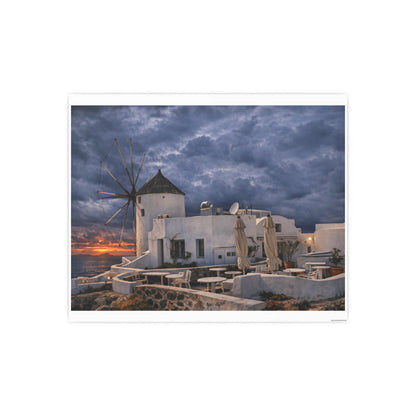 Oia Santorini Windmill Sunset Poster — Mediterranean Landscape Photo Art Print