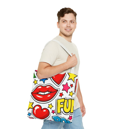 Pop Art Kiss & Cherries Tote Bag — Fun Retro Pattern All-Over Print