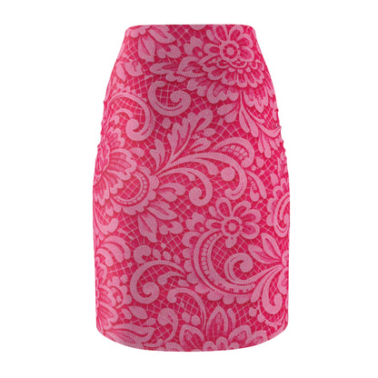 Pink Floral Lace-Print Pencil Skirt — Women's Fitted AOP