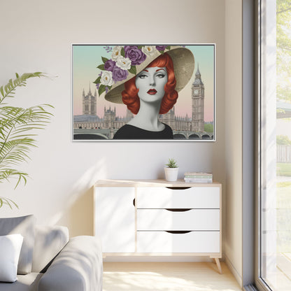 Elegant vintage pop art woman in front of Big Ben in London Matte Framed Canvas