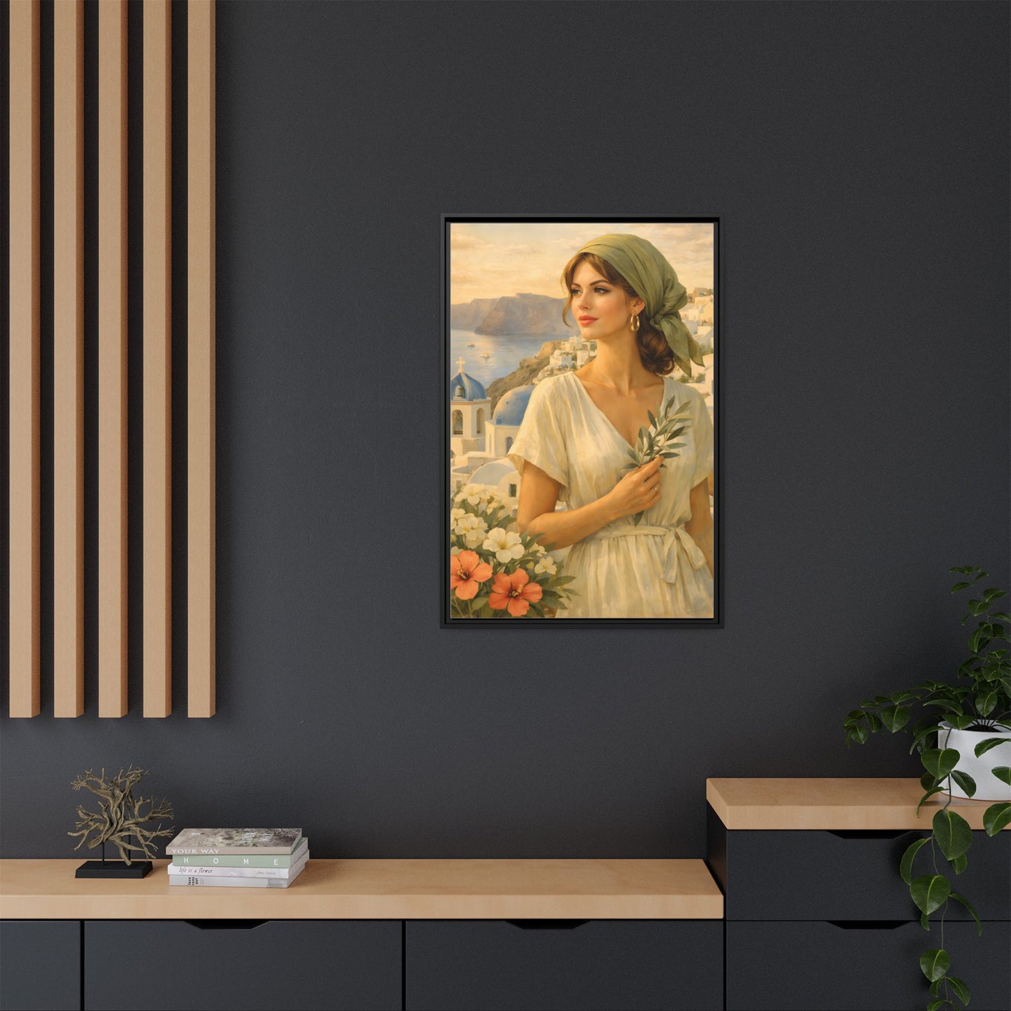 Oia Santorini Greek Woman Portrait — Romantic Vintage Framed Matte Canvas Art