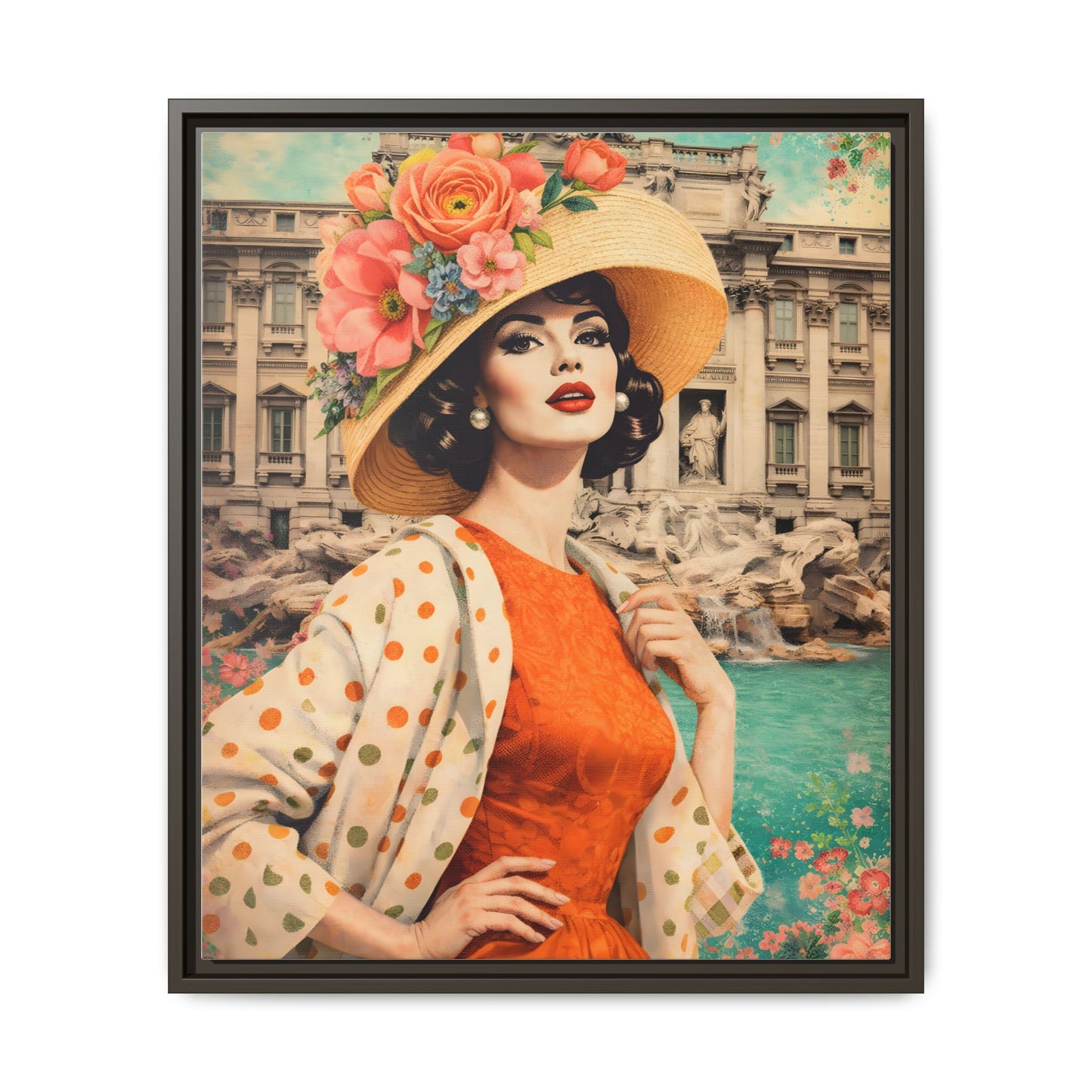 Elegant glamorous vintage woman in Rome front of Trevi Fountain, retro Italian travel fashion illustration,Framed Matte Canvas Art