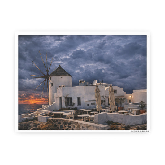 Santorini Windmill Sunset Print  Oia Greece Photo Art Poster  Mediterranean Landscape Wall Art