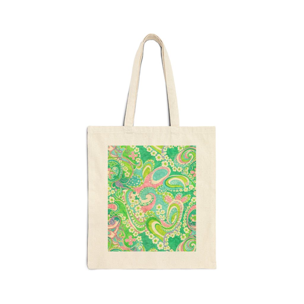 Green Paisley Canvas Tote Bag — Retro Floral Eco Shopping Tote