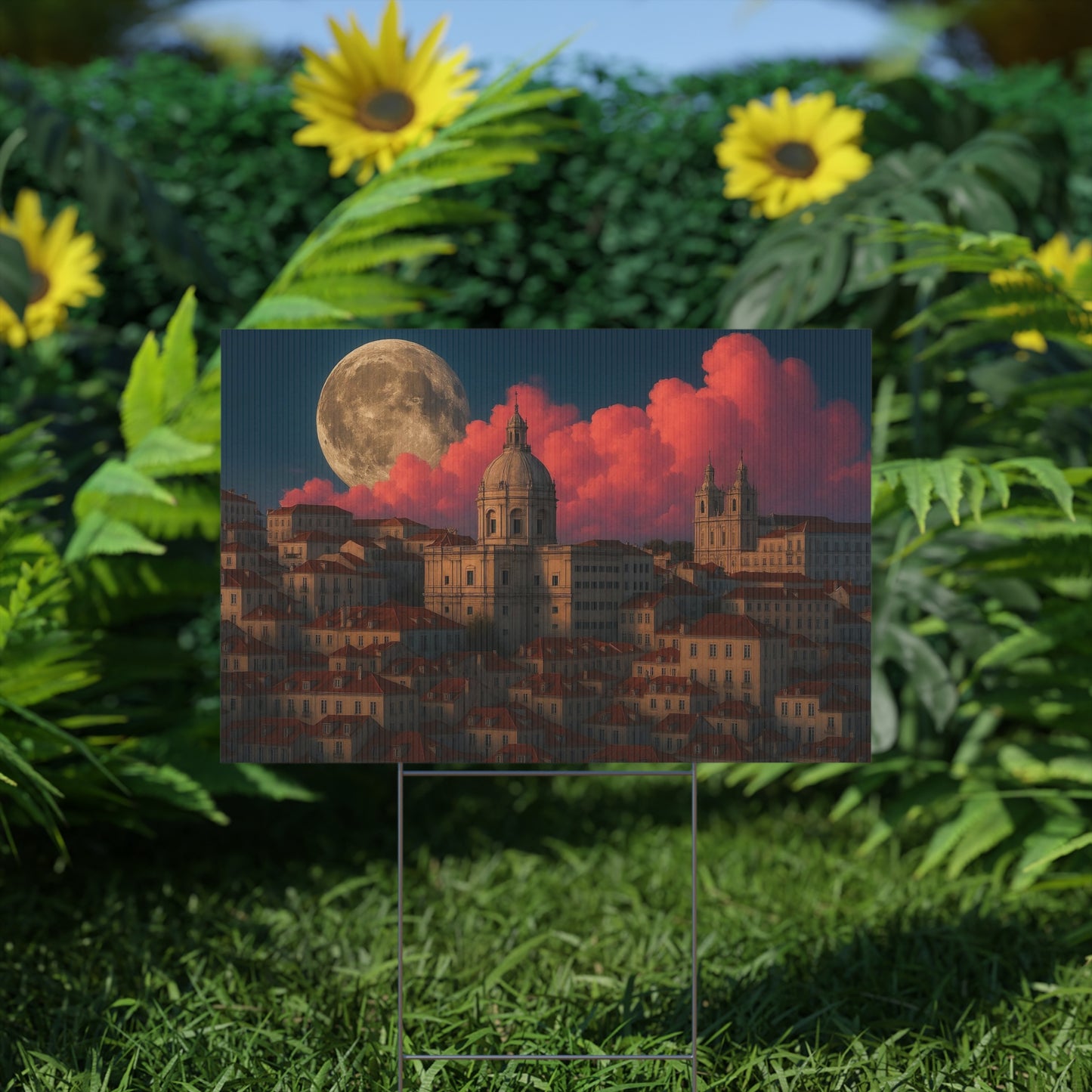 Moonlit Cityscape Plastic Yard Sign — Full Moon Over Sunset Clouds