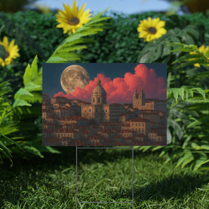 Moonlit Cityscape Plastic Yard Sign — Full Moon Over Sunset Clouds