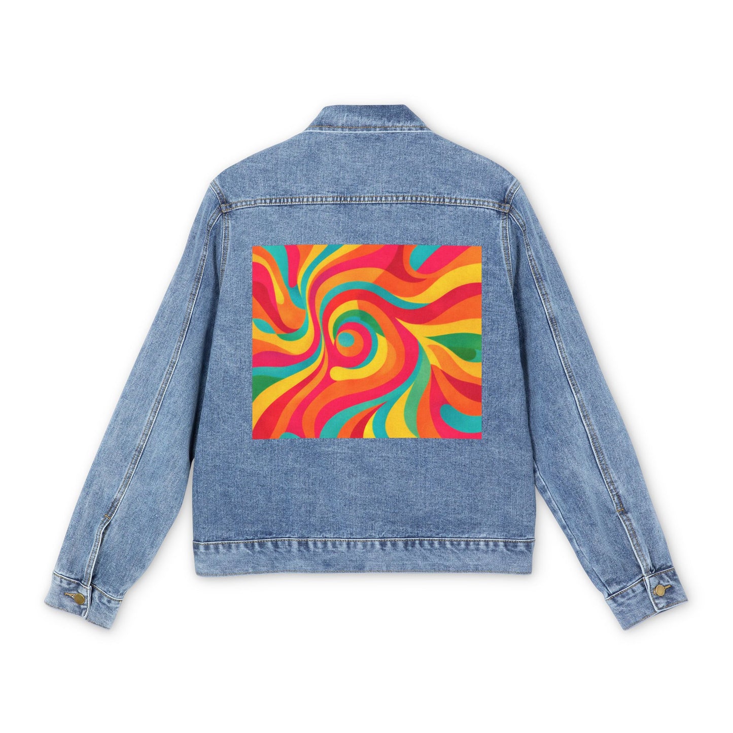 Men's Denim Jacket — Colorful Psychedelic Swirl Back Print | Retro 70s Art