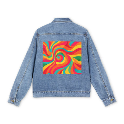 Men's Denim Jacket — Colorful Psychedelic Swirl Back Print | Retro 70s Art